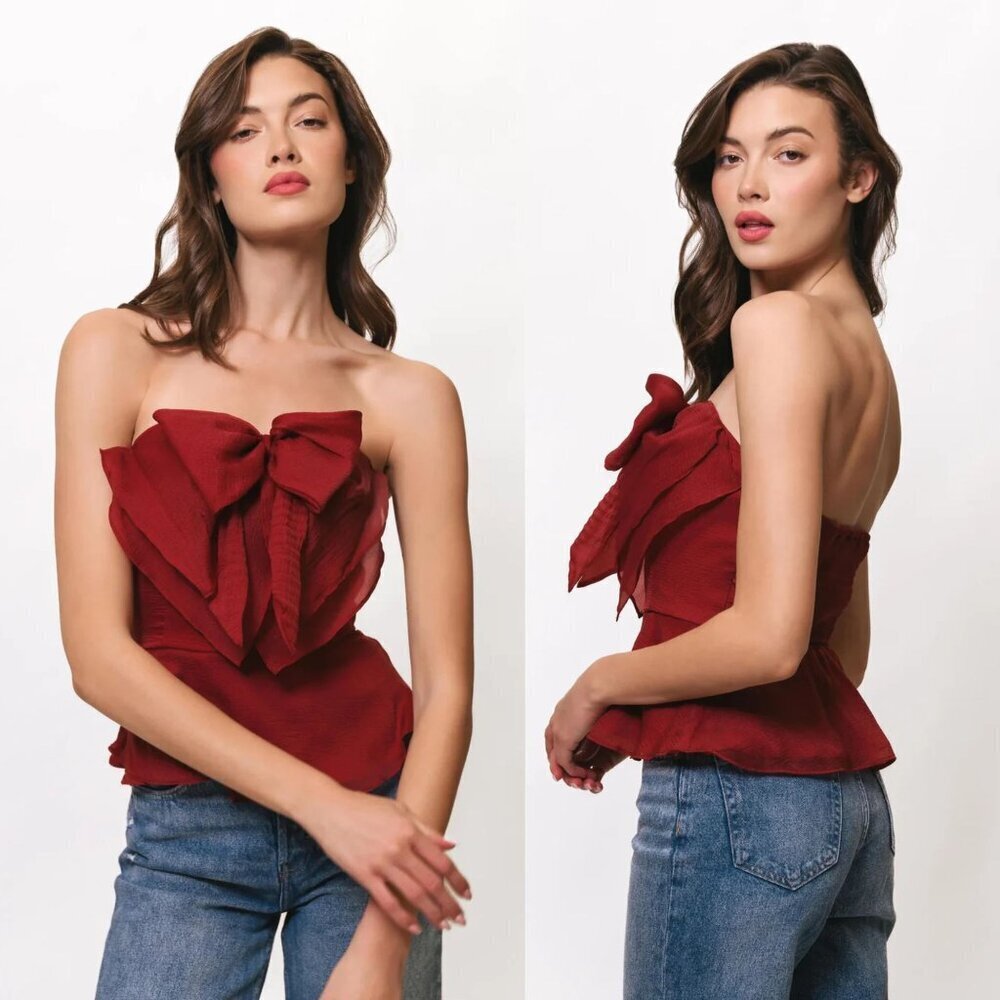 New! Hutch Red Tiff Strapless Bow Peplum Top Size Large 2571